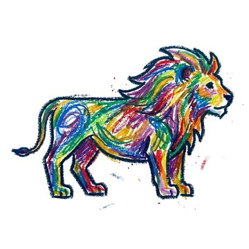 Colorful Rainbow Lion Drawn with Crayons Isolated on White Background Vector Art Illustration