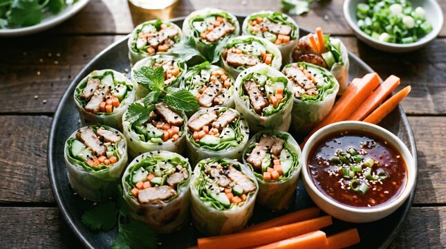 Fresh Vietnamese summer rolls feature grilled pork, crisp vegetables, and herbs, served with a savory dipping sauce. This healthy Asian cuisine offers a delightful gourmet experience.