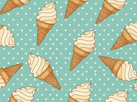 Soft vanilla ice cream cones in a seamless pattern on teal polka dots