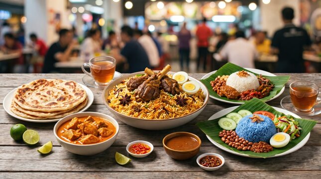 Authentic Southeast Asian and Indian dishes, including biryani and nasi lemak, are elegantly presented on a rustic table. This vibrant culinary spread celebrates diverse cultural dining.