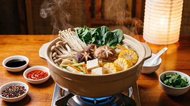 A steaming hot pot with fresh vegetables, assorted mushrooms, firm tofu, and corn boils on a gas stove. This healthy Asian meal emphasizes wholesome, natural ingredients.