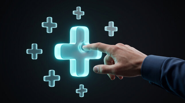 Digital healthcare innovation concept featuring a professional hand touching a glowing 3D medical cross symbol for health benefits