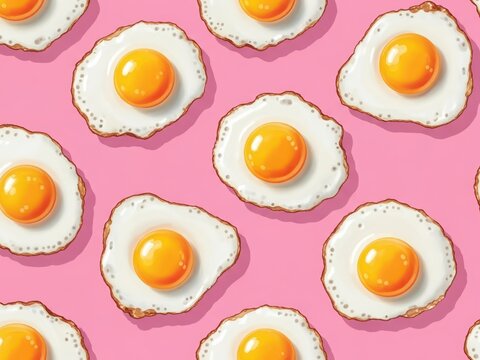 Fried eggs with bright golden yolks on a vibrant pink background, a cheerful breakfast or brunch pattern