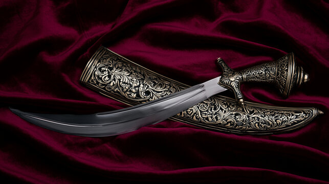 Ritual kirpan blade with an elaborate scabbard resting upon burgundy velvet, theme of cultural legacy and dignified display