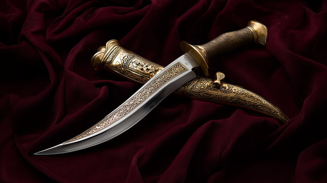 Ritual kirpan blade with an elaborate scabbard resting upon burgundy velvet, theme of cultural legacy and dignified display