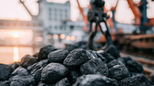 Close up heap of coal in industrial port at sunset, dark stone pile with blurred crane and dock background