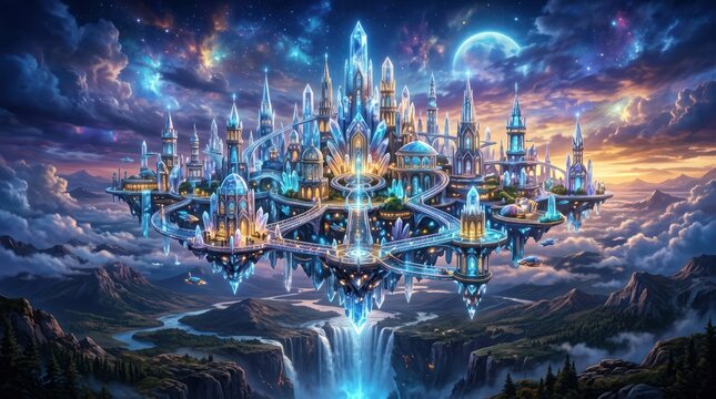 Fantasy floating city castle sky landscape
