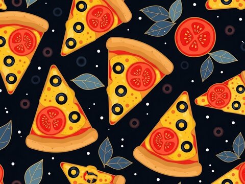 Slices of pizza with pepperoni, olives, and tomatoes on dark blue