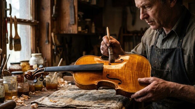 Artisan finishing a wooden string instrument in workshop