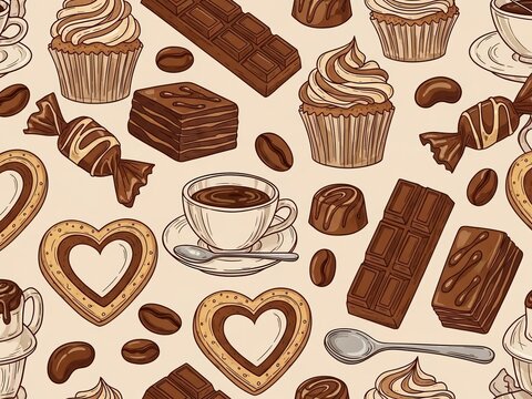 Rich chocolate pattern with brownies, cupcakes, cookies, and coffee