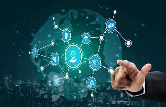 A professional hand interacts with a digital network representing justice and law, showcasing innovation in legal technology with a global backdrop and bright icons. Tessel