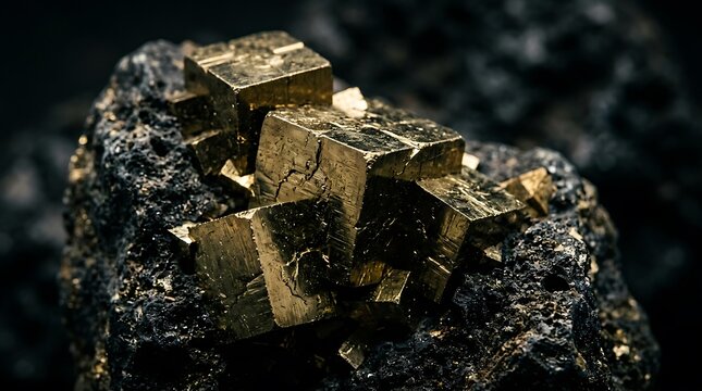 Macro photography of raw metallic gold pyrite cubic crystals texture
