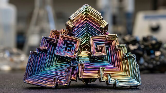 Macro texture of iridescent bismuth mineral crystal with rainbow colors