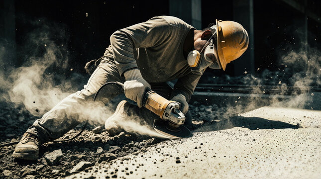 Construction worker cuts concrete slab using power saw on site. Builder wears hard hat, safety mask grinding stone surface. Dusty air fills area around worker during manual labor project.