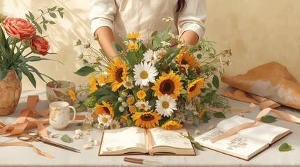 Florist arranging a vibrant bouquet of sunflowers and daisies with artistic tools © Helinton