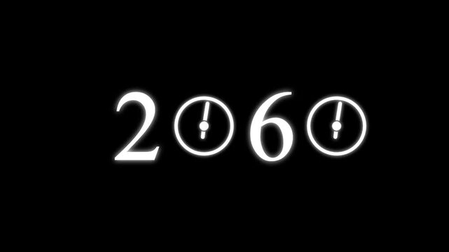 numbers 2060 with three clock faces integrated into the zero digits against a stark black background symbolizing the dawn of a new millennium and the passage of time Keywords: 2060.4k