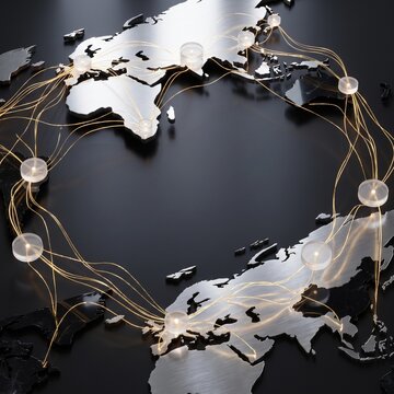 Metallic world map silhouette features glowing interconnected nodes and fiber optic lines representing global digital communication networks and international connectivity