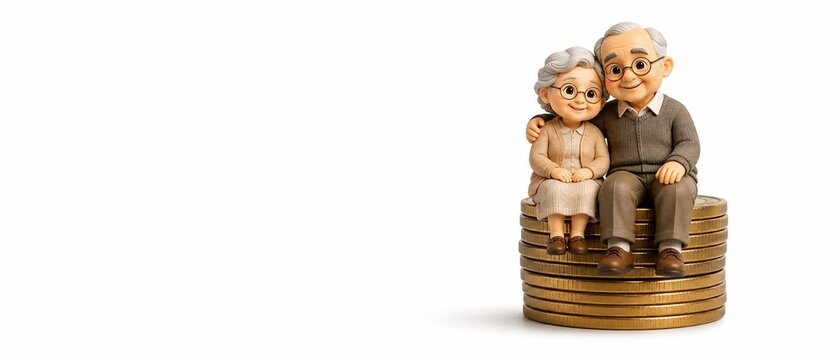 Cute 3D render of a happy elderly couple sitting on a stack of gold coins. Retirement savings, pension, and financial security concept. Isolated on a white background with copy space
