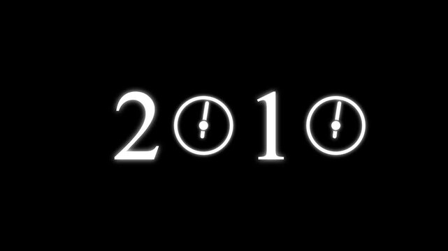 numbers 2010 with three clock faces integrated into the zero digits against a stark black background symbolizing the dawn of a new millennium and the passage of time Keywords: 2010.4k