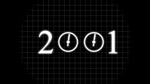 numbers 2001 with three clock faces integrated into the zero digits against a stark black background symbolizing the dawn of a new millennium and the passage of time Keywords: 2001.4k