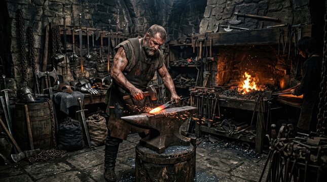 Blacksmith working with metal at forge