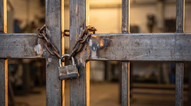 Heavy rusty metal chain and padlock locking steel gate door of closed warehouse factory for business bankruptcy and security concept.