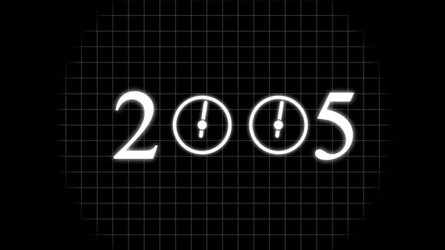 numbers 2005 with three clock faces integrated into the zero digits against a stark black background symbolizing the dawn of a new millennium and the passage of time Keywords: 2005.4k