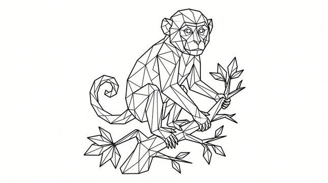 Minimal origami animal line drawing sitting monkey with geometric abstract illustration creative