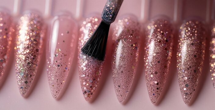 Brush applies sparkling pink glitter polish onto artificial nail tips in salon. Close-up view of manicure assortment showcasing trendy nail art styles and cosmetic products.