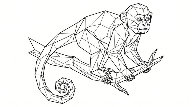 Minimal origami animal line drawing monkey on branch with geometric abstract illustration
