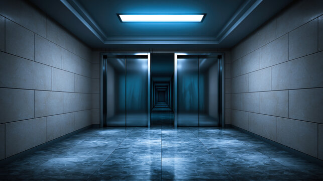 Empty office lobby modern elevator blue light marble floor corporate building interior architecture empty hallway glass door reflection surface symmetrical design