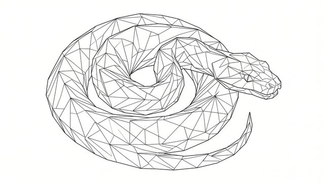 Minimal origami animal line drawing coiled snake with geometric abstract illustration creative