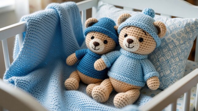 Two cute crochet teddy bears sit inside baby crib on soft blue knitted blanket. Small stuffed toys wear handmade sweaters, hats. Little nursery room interior features comfy bed for newborn infant