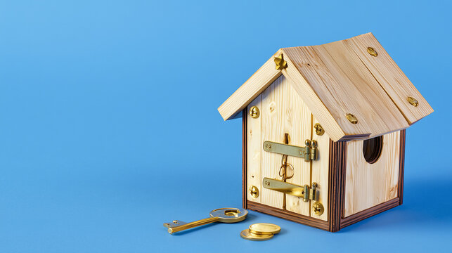 Tiny wooden house figurine paired with a key and currency coins, theme of accessible entry‑level homeownership