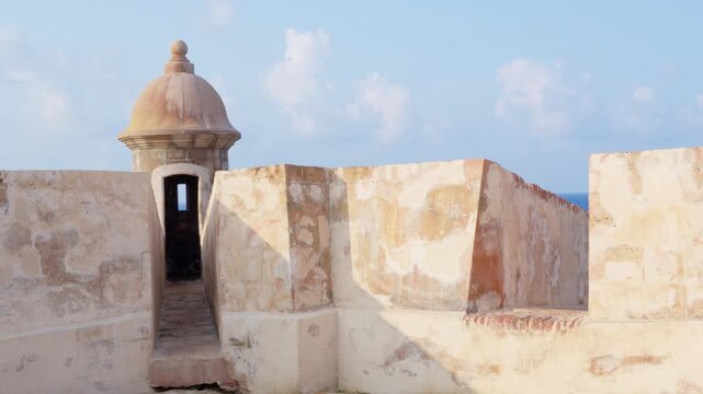 Interior of a sentry box (Garita),wall and blue sky at San Cristobal Castle, Old San Juan, Puerto Rico.