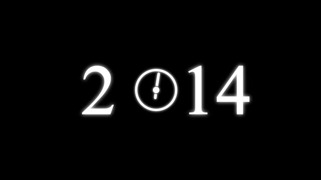 numbers 2014 with three clock faces integrated into the zero digits against a stark black background symbolizing the dawn of a new millennium and the passage of time Keywords: 2014.4k