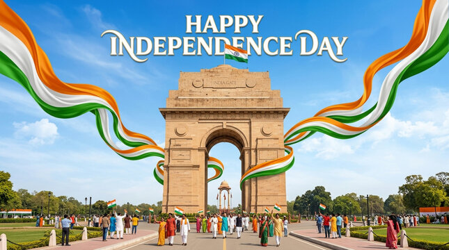 India Independence Day celebration at India Gate with tricolor flags and banners