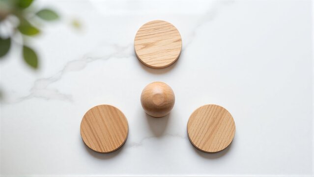 Wooden circles and sphere on marble surface, minimalist design.