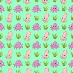Cute Squid and Octopus with Seaweed Seamless Pattern © mynameisMihani