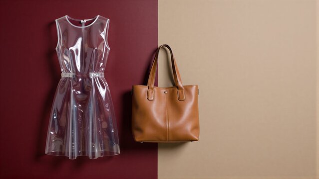 Transparent dress and tan leather bag on split-color background.