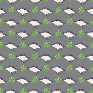 Cute Stingray with Seaweed Seamless Pattern