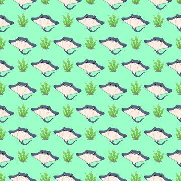 Cute Stingray with Seaweed Seamless Pattern
