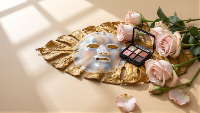 Glossy face mask rests on golden leaves beside blush roses and makeup palette.