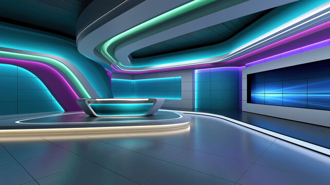 Futuristic newsroom studio with neon light, empty broadcast set, modern television studio, glossy floor, cyan purple glow, curved interior design