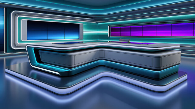 Futuristic newsroom studio with glowing blue and purple light, empty live broadcast set in sleek modern interior
