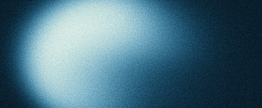 Blurred blue glowing light spot on dark grainy background, grain texture gradient shape on black backdrop, abstract technology website header, banner, vibrant poster, cover, wallpaper design