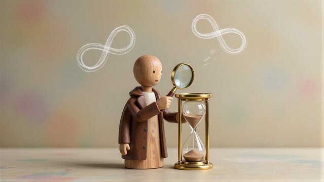 Wooden figure examines hourglass with infinity symbols, symbolizing timeless discovery.
