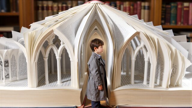 Child stands in grand book archway, surrounded by towering library shelves.