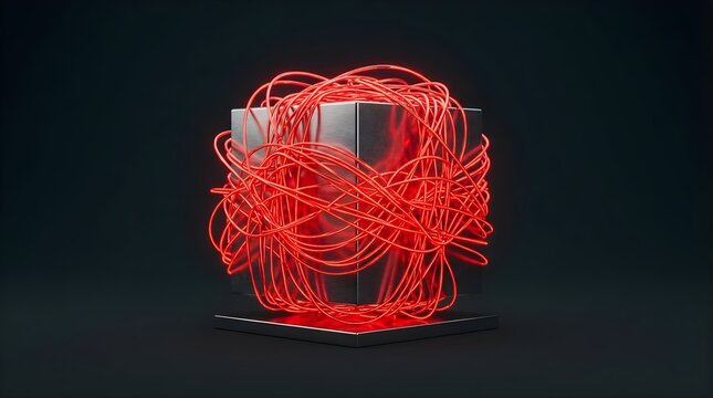 Glowing red neon wires wrapped around a brushed metal cube on dark background