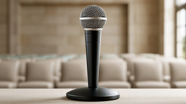 Microphone on table in empty conference room with blurred seat row and warm light, ready for speech and event recording